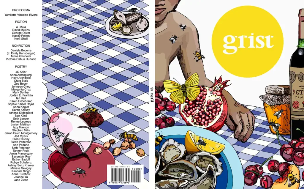 The cover of Grist Issue 18, with a picnic and oyster shells, lemons, and flies and bees