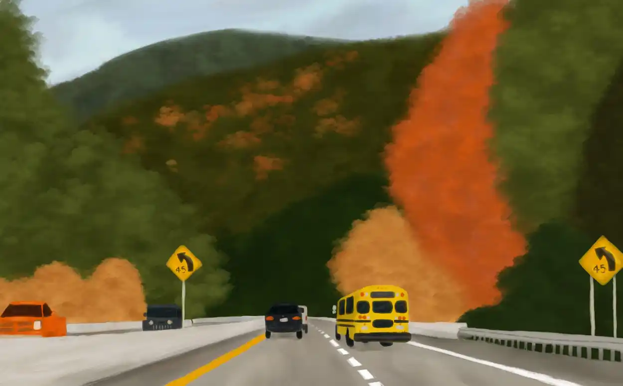 The cover art for Grist Issue 16, showing a school bus on a highway in fall