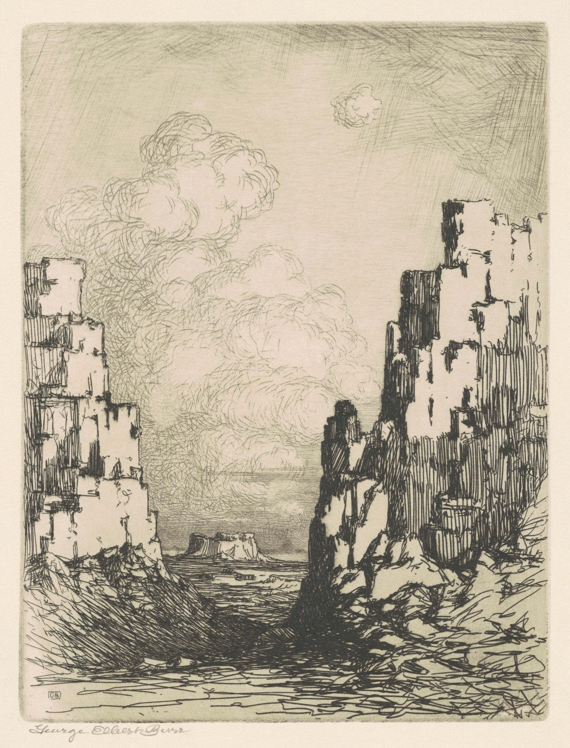 An etching called "The Little Canyon" by George Elbert Burr. It shows in black and white a cloud and another rock formation as viewed through two steep rock valley walls.